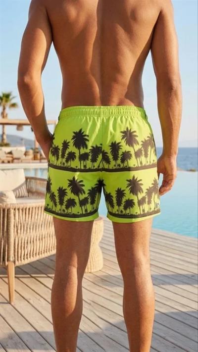 Erkek Deniz Şortu Fermuarlı Cepli File Astarlı Hızlı Kuruyan Premium - Neon Yeşili