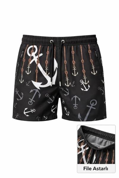 Erkek Deniz Şortu Fermuarlı Cepli File Astarlı Hızlı Kuruyan Premium - Siyah