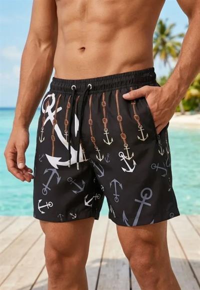 Erkek Deniz Şortu Fermuarlı Cepli File Astarlı Hızlı Kuruyan Premium - Siyah