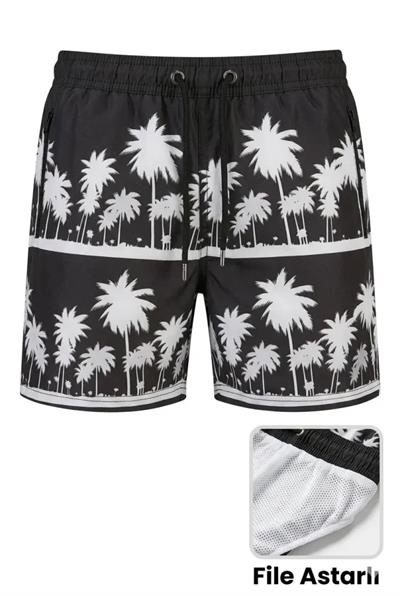 Erkek Deniz Şortu Fermuarlı Cepli File Astarlı Hızlı Kuruyan Premium - Siyah