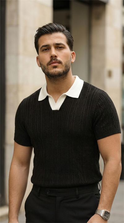 Erkek Desenli Kısa Kollu Triko Tişört - %100 Pamuk Akrilik