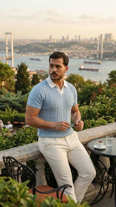 Erkek Desenli Kısa Kollu Triko Tişört - %100 Pamuk Akrilik
