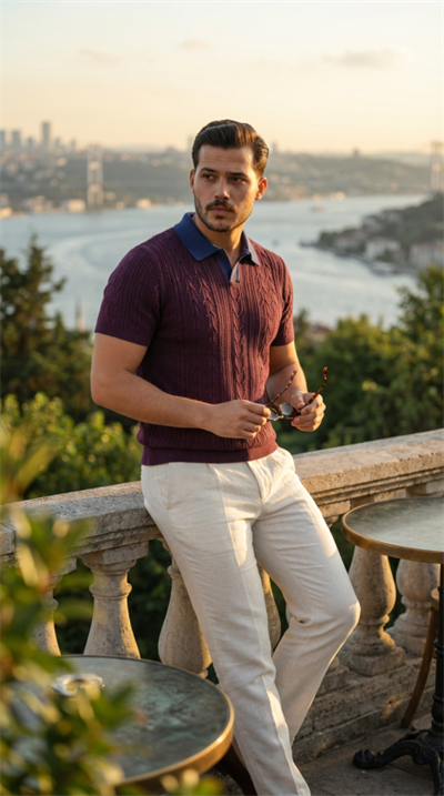 Erkek Desenli Kısa Kollu Triko Tişört - %100 Pamuk Akrilik