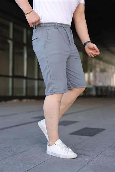 Erkek Diagonel Kumaş Duble Paça Cepli Bağcıklı Bel Lastikli ŞORT - Gri