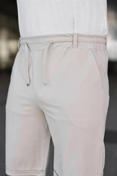 Erkek Diagonel Kumaş Duble Paça Cepli Bağcıklı Bel Lastikli ŞORT - Krem