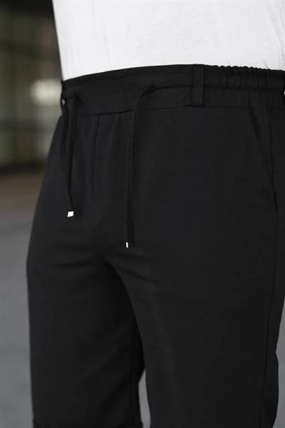 Erkek Diagonel Kumaş Duble Paça Cepli Bağcıklı Bel Lastikli ŞORT - Siyah