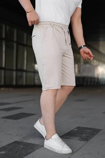 Erkek Diagonel Kumaş Duble Paça Cepli Bağcıklı Bel Lastikli ŞORT - Krem