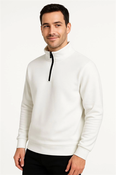 Erkek Dik Yaka Sweatshirt Dik Yaka Yarım Fermuarlı 3 İplik Şardonlu Pamuk Kumaş - Beyaz