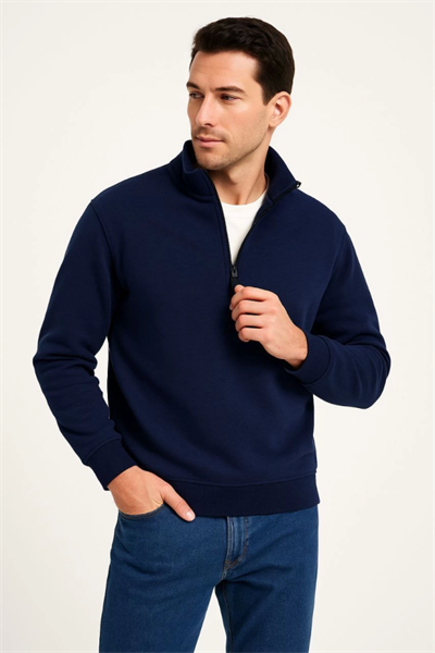 Erkek Dik Yaka Sweatshirt Dik Yaka Yarım Fermuarlı 3 İplik Şardonlu Pamuk Kumaş - Lacivert
