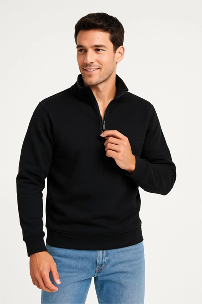 Erkek Dik Yaka Sweatshirt Dik Yaka Yarım Fermuarlı 3 İplik Şardonlu Pamuk Kumaş - Siyah