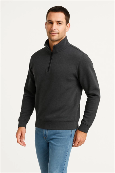 Erkek Dik Yaka Sweatshirt Dik Yaka Yarım Fermuarlı 3 İplik Şardonlu Pamuk Kumaş - Antrasit