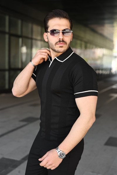 Erkek Dokulu Desen Yakalı Kısa Kollu Tişört