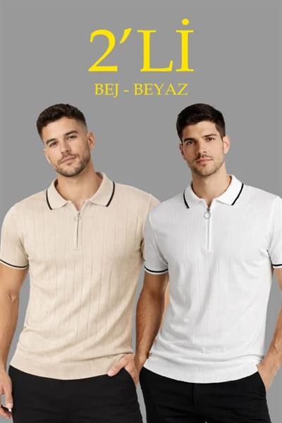 Erkek Dokuma Triko Tişört Fermuar Yakalı Yazlık Kısa Kol T-Shirt 2’li Set Bej-Beyaz