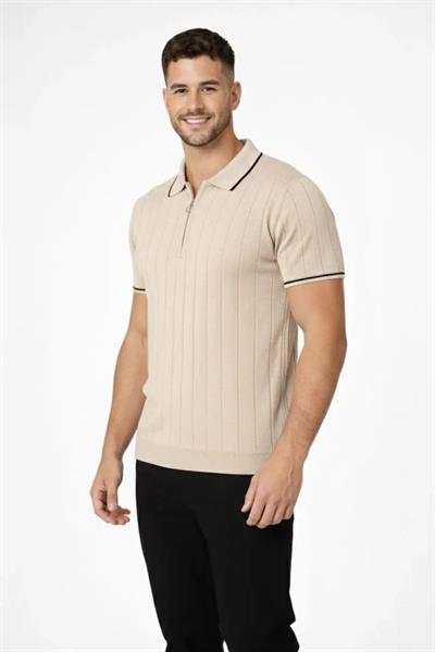 Erkek Dokuma Triko Tişört Fermuar Yakalı Yazlık Kısa Kol T-Shirt 2’li Set Bej-Beyaz