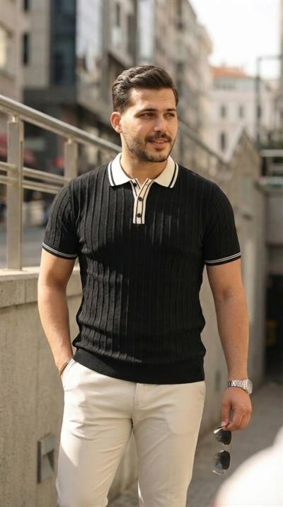 Erkek Düğme Yakalı Kontrast Yaka Triko Tişört