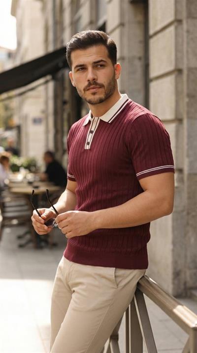 Erkek Düğme Yakalı Kontrast Yaka Triko Tişört