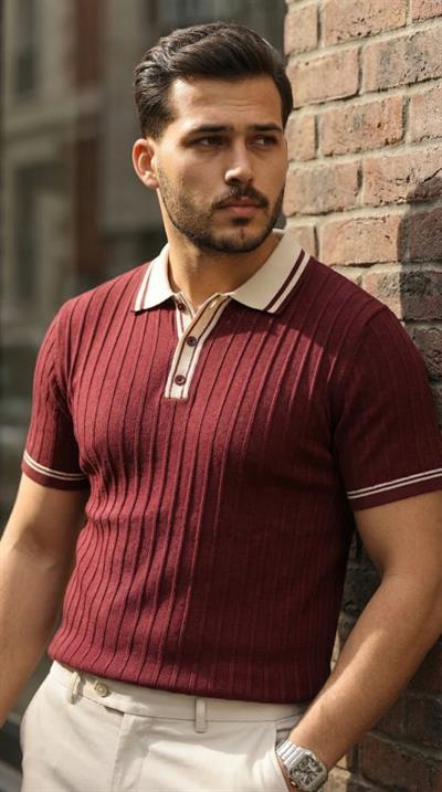 Erkek Düğme Yakalı Kontrast Yaka Triko Tişört