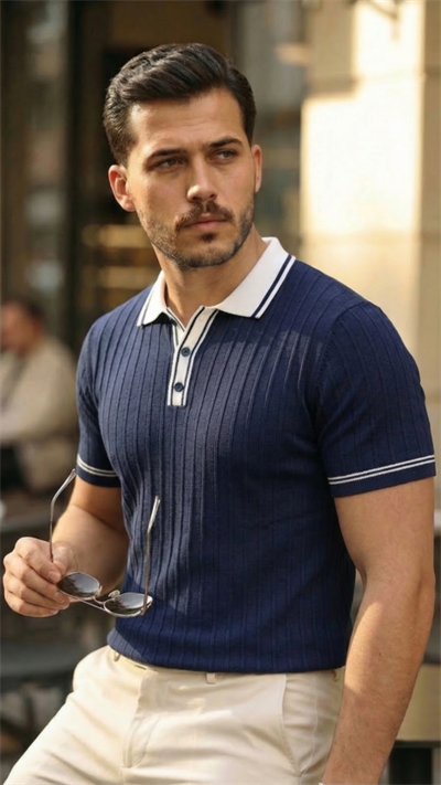 Erkek Düğme Yakalı Kontrast Yaka Triko Tişört