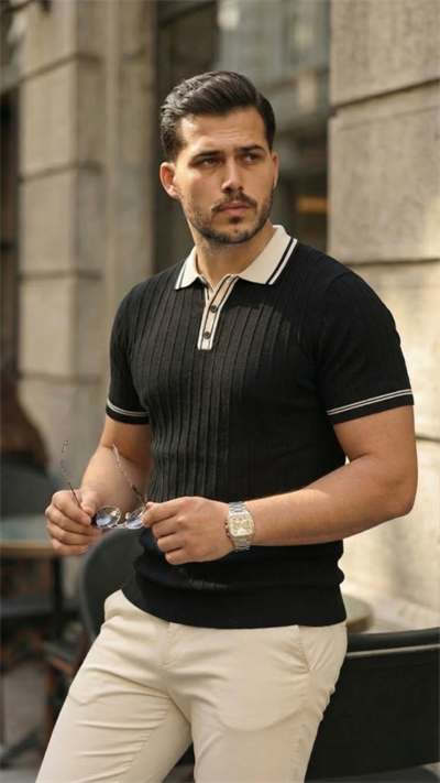 Erkek Düğme Yakalı Kontrast Yaka Triko Tişört