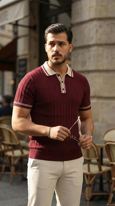 Erkek Düğme Yakalı Kontrast Yaka Triko Tişört