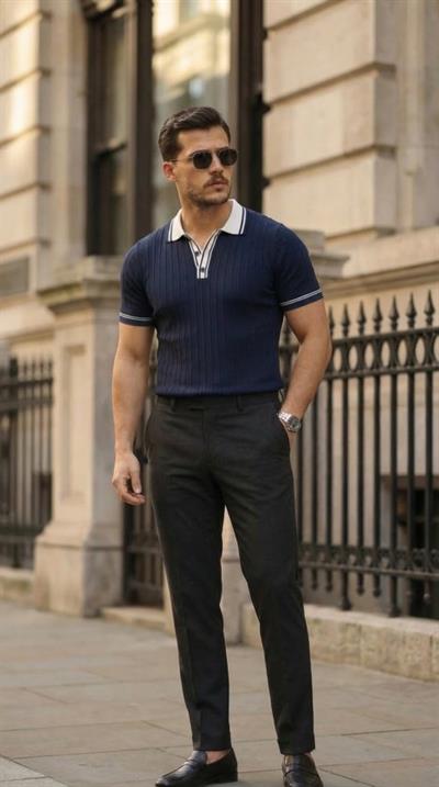 Erkek Düğme Yakalı Kontrast Yaka Triko Tişört