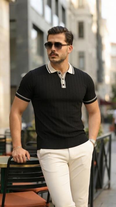 Erkek Düğme Yakalı Kontrast Yaka Triko Tişört