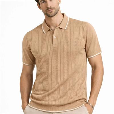 Erkek Düğmeli Yaka Triko Dokuma Tişört Desenli Yazlık Şık Günlük Triko Tişört - Kahverengi