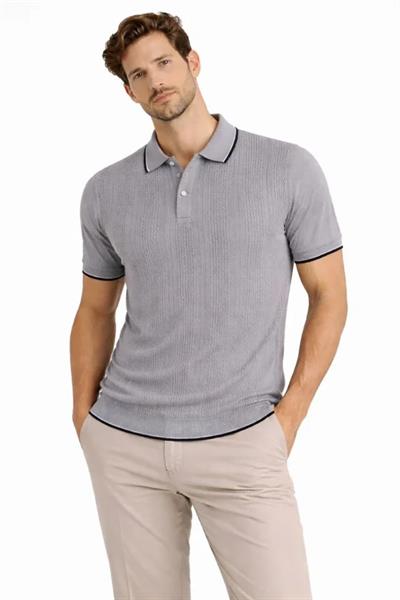 Erkek Düğmeli Yaka Triko Dokuma Tişört Desenli Yazlık Şık Günlük Triko Tişört - Gri