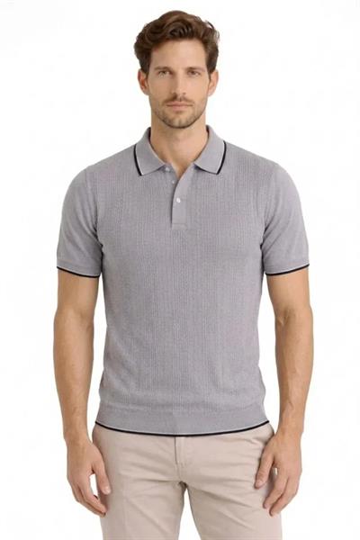 Erkek Düğmeli Yaka Triko Dokuma Tişört Desenli Yazlık Şık Günlük Triko Tişört - Gri
