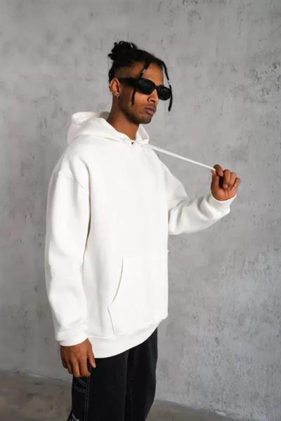Erkek Düz Kapüşonlu Sweat - Beyaz