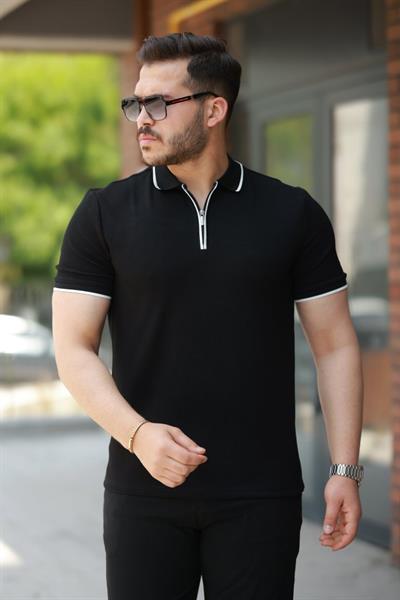 Erkek Fermuar Yakalı çizgi Detaylı Oysho Kumaş Kısa Kollu Tişört