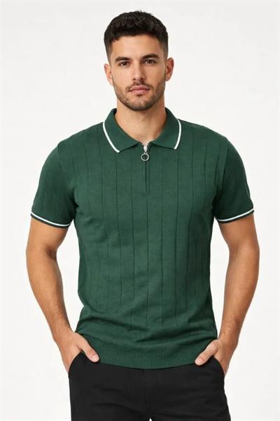 Erkek Fermuarlı Yaka Fitilli Triko Kısa Kollu Regular Fit Tişört T-shirt - Yeşil