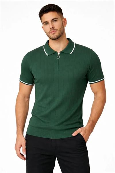 Erkek Fermuarlı Yaka Fitilli Triko Kısa Kollu Regular Fit Tişört T-shirt - Yeşil