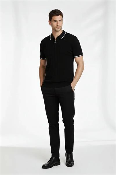 Erkek Fermuarlı Yaka Fitilli Triko Kısa Kollu Regular Fit Tişört T-shirt - Siyah