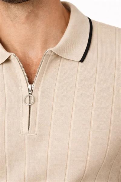 Erkek Fermuarlı Yaka Fitilli Triko Kısa Kollu Regular Fit Tişört T-shirt - Bej