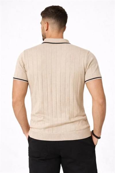 Erkek Fermuarlı Yaka Fitilli Triko Kısa Kollu Regular Fit Tişört T-shirt - Bej