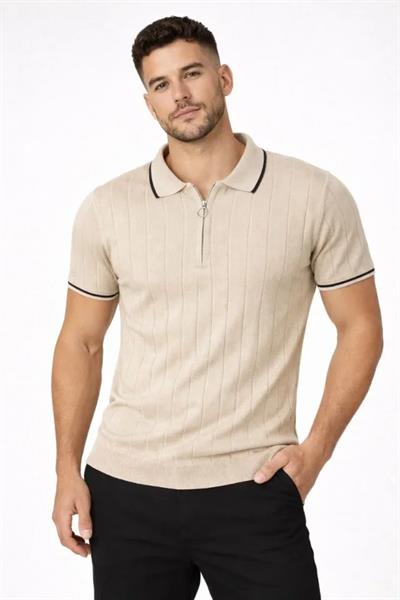 Erkek Fermuarlı Yaka Fitilli Triko Kısa Kollu Regular Fit Tişört T-shirt - Bej