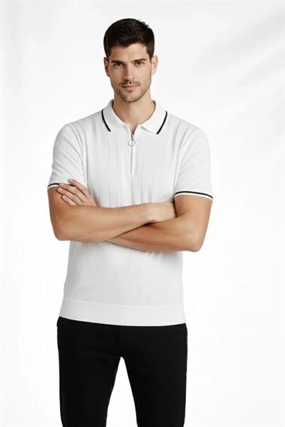 Erkek Fermuarlı Yaka Fitilli Triko Kısa Kollu Regular Fit Tişört T-shirt - Beyaz