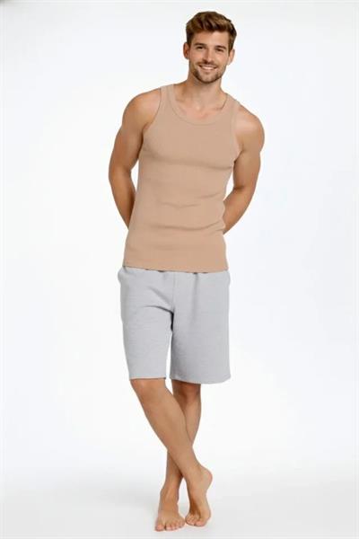 Erkek Fitilli Atlet Sıfır Yaka Slim Fit Arka Baskılı Spor Atlet - Bej