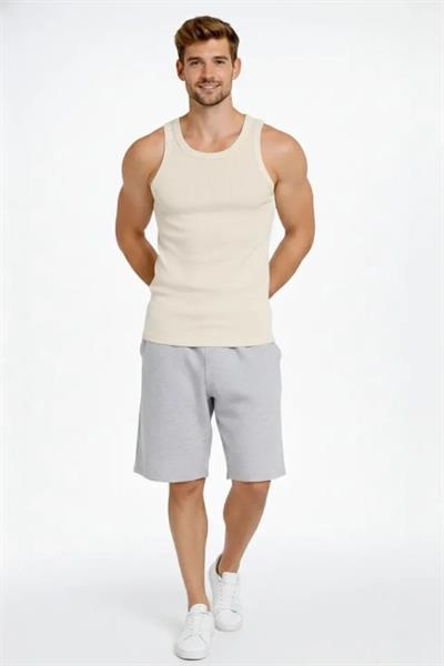 Erkek Fitilli Atlet Sıfır Yaka Slim Fit Arka Baskılı Spor Atlet - Krem