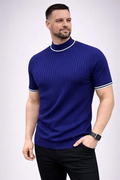 Erkek Fitilli Triko Dokuma Kısa Kol Tişört Yarım Boğaz Modern Yazlık T-Shirt - Lacivert