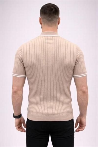 Erkek Fitilli Triko Dokuma Kısa Kol Tişört Yarım Boğaz Modern Yazlık T-Shirt - Bej