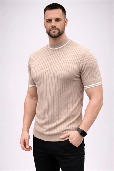Erkek Fitilli Triko Dokuma Kısa Kol Tişört Yarım Boğaz Modern Yazlık T-Shirt - Bej