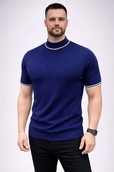 Erkek Fitilli Triko Dokuma Kısa Kol Tişört Yarım Boğaz Modern Yazlık T-Shirt - Lacivert