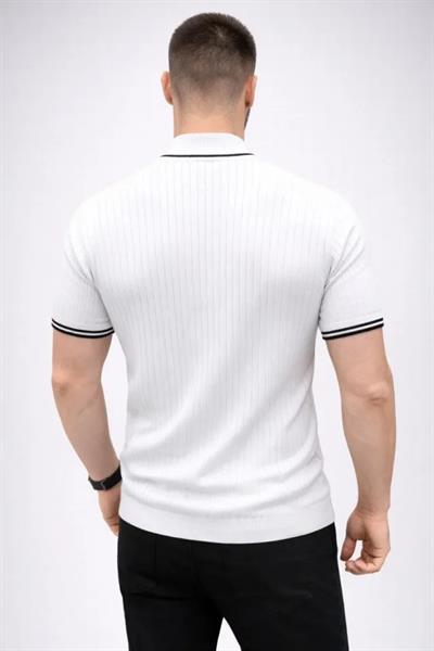 Erkek Fitilli Triko Dokuma Kısa Kol Tişört Yarım Boğaz Modern Yazlık T-Shirt - Beyaz