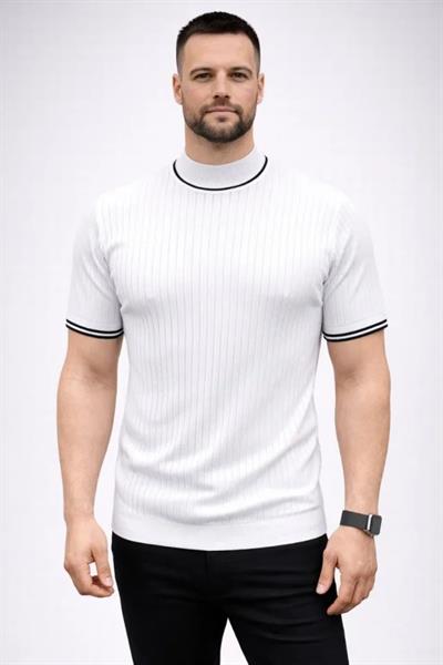 Erkek Fitilli Triko Dokuma Kısa Kol Tişört Yarım Boğaz Modern Yazlık T-Shirt - Beyaz