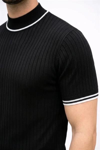 Erkek Fitilli Triko Dokuma Kısa Kol Tişört Yarım Boğaz Modern Yazlık T-Shirt - Siyah