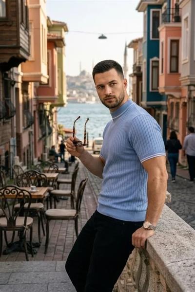 Erkek Fitilli Triko Dokuma Kısa Kol Tişört Yarım Boğaz Modern Yazlık T-Shirt - Bebe Mavisi