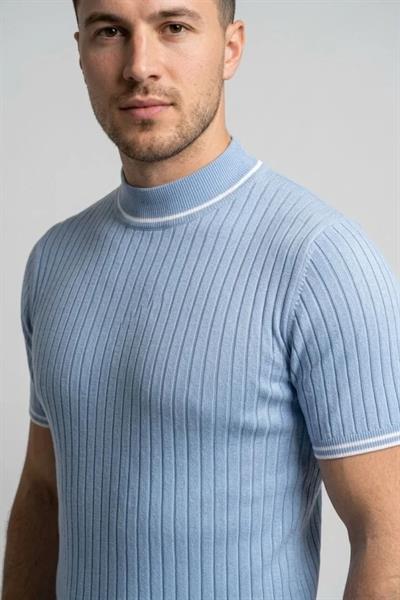 Erkek Fitilli Triko Dokuma Kısa Kol Tişört Yarım Boğaz Modern Yazlık T-Shirt - Bebe Mavisi