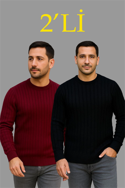 Erkek Fitilli Triko Kazak 2’li Set – Siyah - Bordo, Kalın Dokuma Pamuklu Regular Fit Bisiklet Yaka Uzun Kollu Rahat Kışlık Kazak Kombini